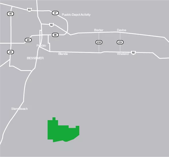 A map showing roads and locations around Pueblo, Colorado. Key roads include highways 45, 50, 96, and 98. Notable locations are Pueblo Depot Activity, Baxter, Devine, Bessemer, Stem Beach, and Vineland. A green area is highlighted south of the main road network.