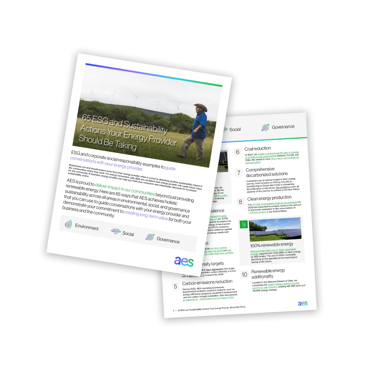 Two pages from an AES document titled '65 ESG and Sustainability Actions Your Energy Provider Should Be Taking.' The first page features a person standing in a field with wind turbines in the background. The second page lists actions related to coal reduction, clean energy, and renewable energy. Icons for Environment, Social, and Governance are at the bottom.