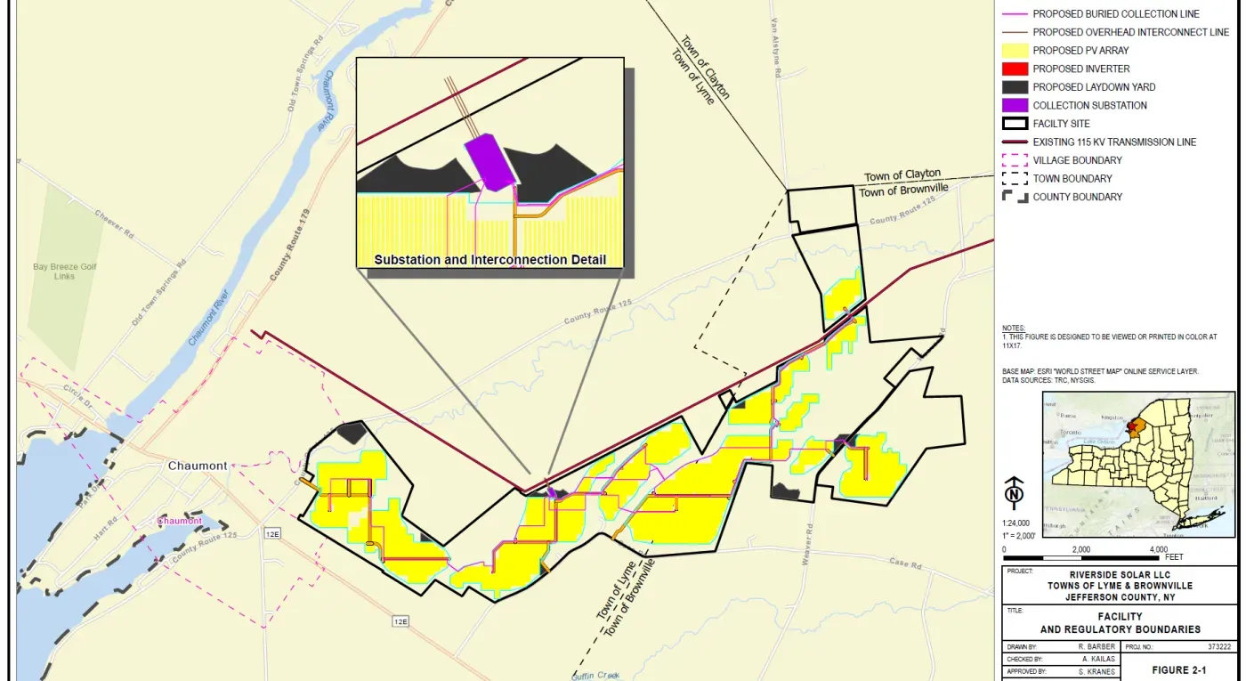Map showing the Riverside Solar LLC project area in Towns of Lyme and Brownville, Jefferson County, NY. Features include proposed buried and overhead lines, PV arrays, inverters, laydown yards, and substation. Includes a detailed inset of the substation and interconnection. Boundaries for villages, towns, and counties are marked. A small location map of New York State is included.