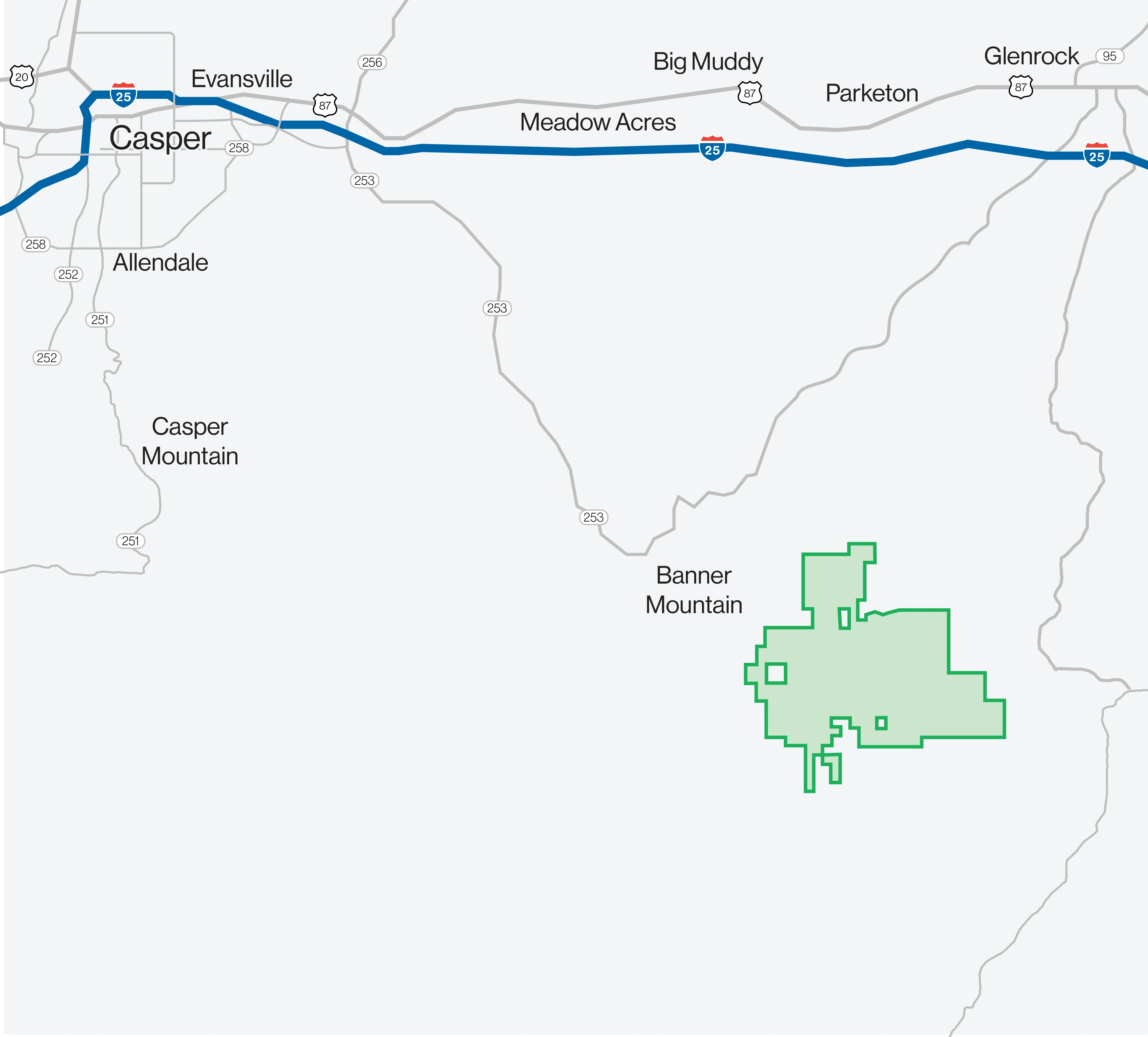 Map showing the area around Casper, Wyoming, highlighting major roads and locations. Interstate 25 runs east-west through Casper, with nearby towns including Evansville, Meadow Acres, Big Muddy, Parketon, and Glenrock. Casper Mountain and Banner Mountain are marked, with a green shaded area around Banner Mountain.