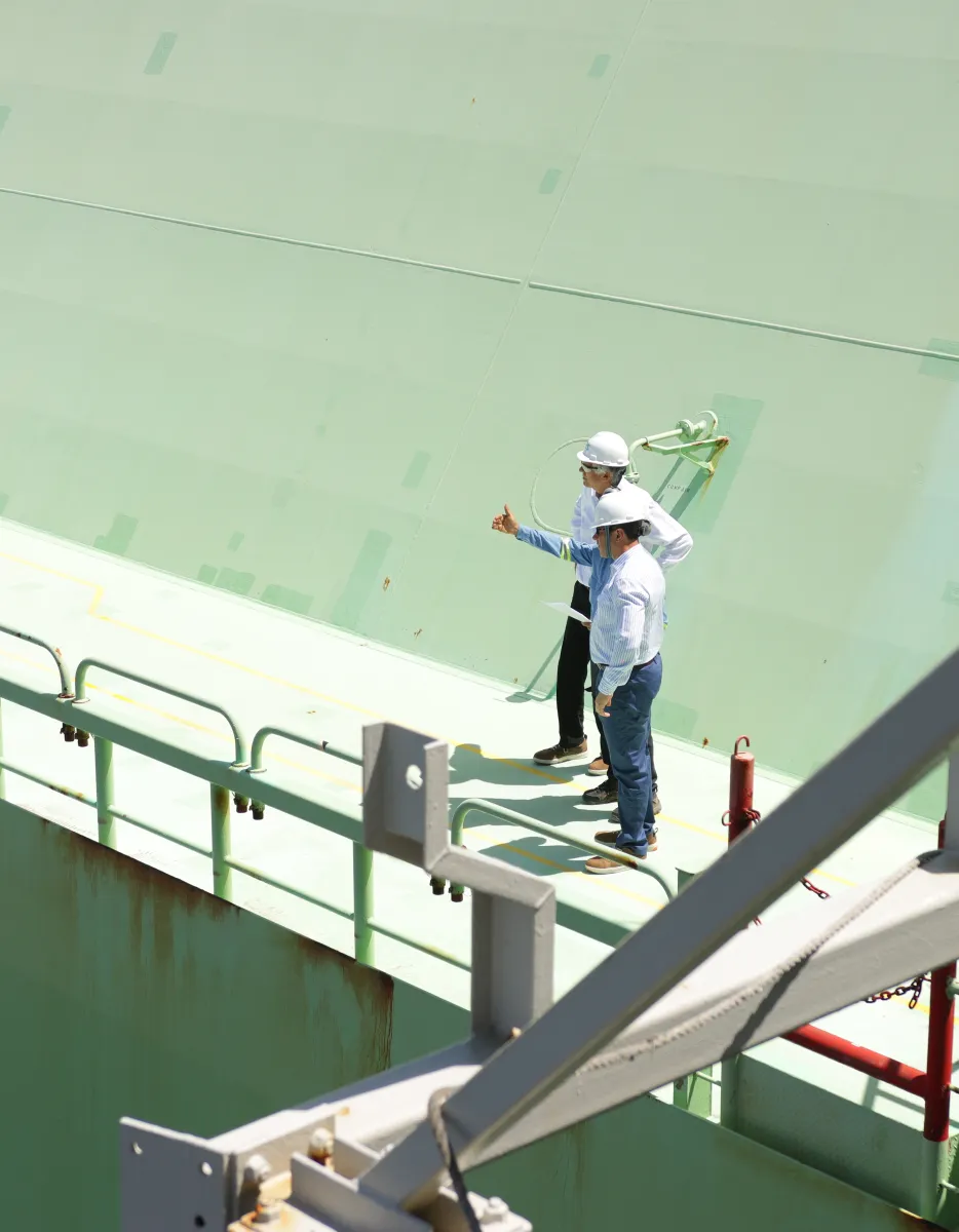 Two individuals wearing hard hats and safety gear stand on a green industrial platform, inspecting the area and pointing to something in the distance. Metal structures and railings are visible, indicating an industrial setting.