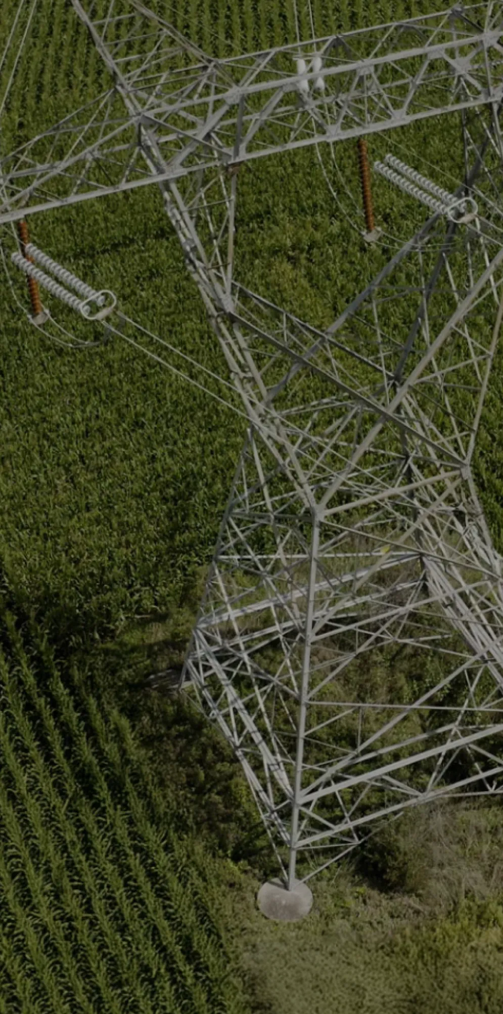 Aerial view of a large metal electricity pylon standing in the middle of a green agricultural field. Three workers in safety vests are visible near the base of the pylon.