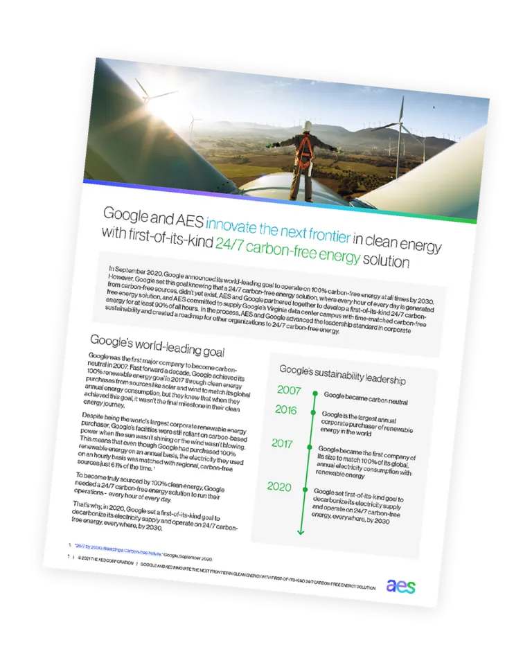 A promotional flyer titled 'Google and AES innovate the next frontier in clean energy with first-of-its-kind 24/7 carbon-free energy solution.' It features a background image of a person standing on a wind turbine with more turbines in the distance. The flyer details Google's world-leading goal and sustainability leadership from 2007 to 2020.