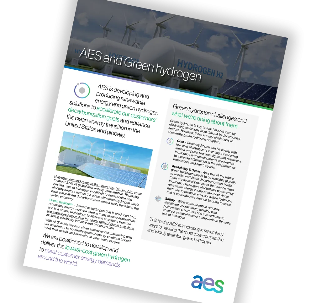 A promotional flyer titled 'AES and Green Hydrogen' featuring an image of wind turbines and hydrogen tanks. The text describes AES's efforts in developing renewable energy and green hydrogen solutions. It highlights challenges and strategies for cost, availability, and safety in green hydrogen adoption. The AES logo is at the bottom right.