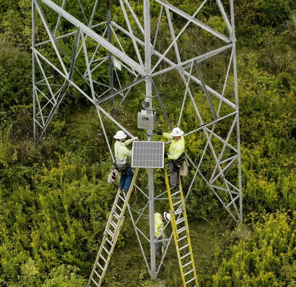 Workers in safety gear on ladders installing a solar panel on a metal tower surrounded by dense greenery.
