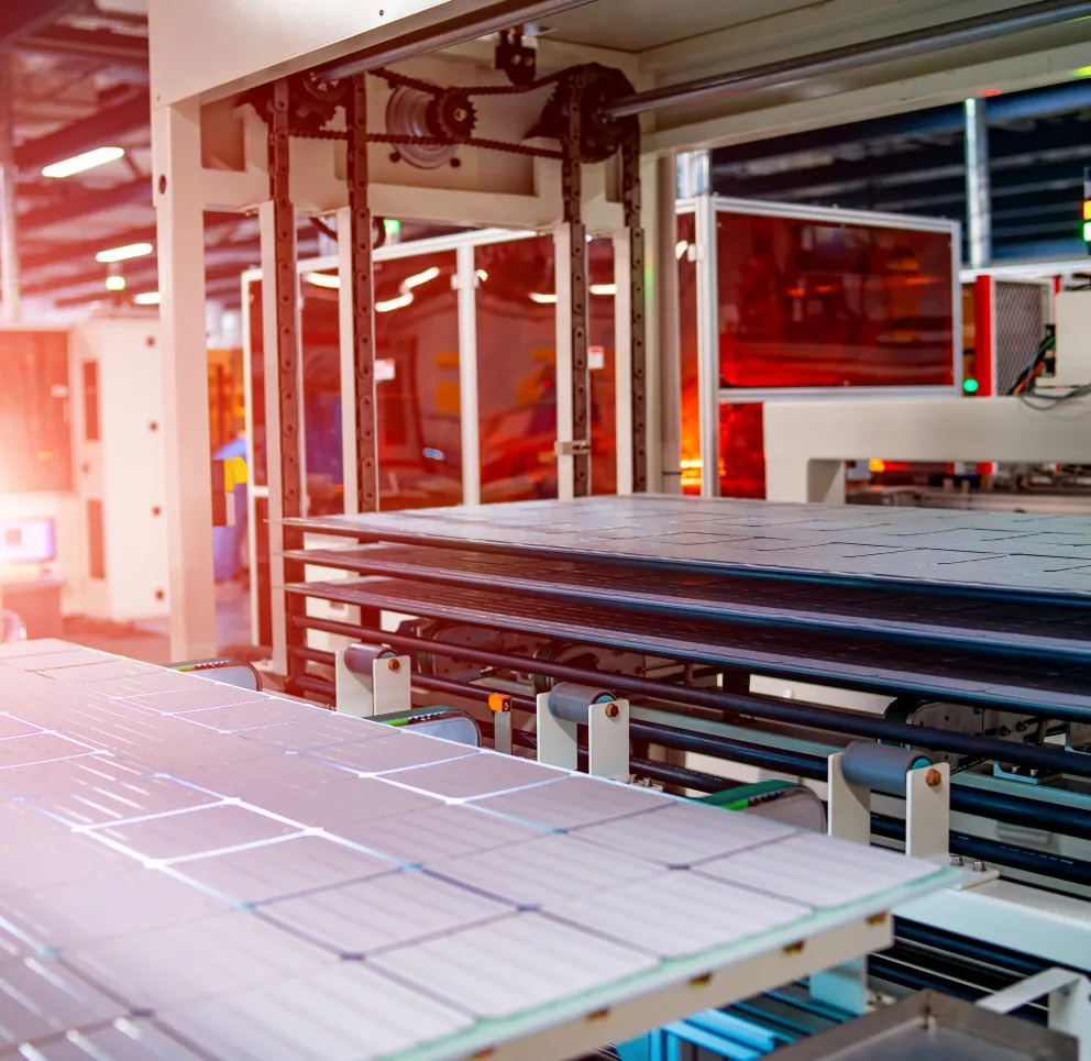 Close-up of solar panel assembly line in a factory with machinery and bright lighting.