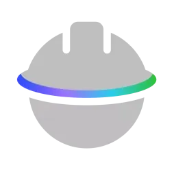 Gray spherical logo with a rainbow-colored horizontal band on a black background.