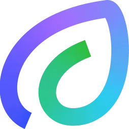 Colorful abstract leaf-shaped logo with gradient colors of purple, blue, and green on a black background.