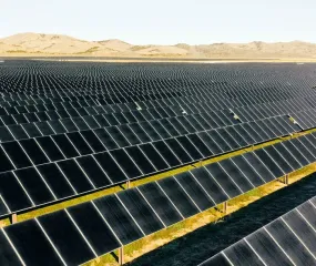 A vast solar farm with rows of solar panels stretching into the distance, set against a backdrop of rolling hills under a clear sky.