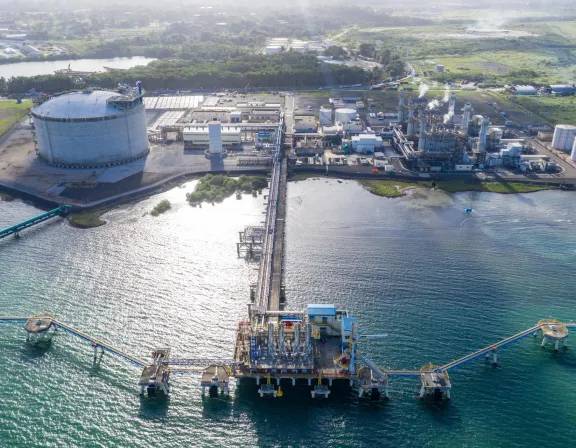 Aerial view of an industrial facility by the water, featuring a large cylindrical tank, multiple buildings, and a long pier extending into the sea. The facility is surrounded by green fields and trees, with smoke visible from some chimneys.