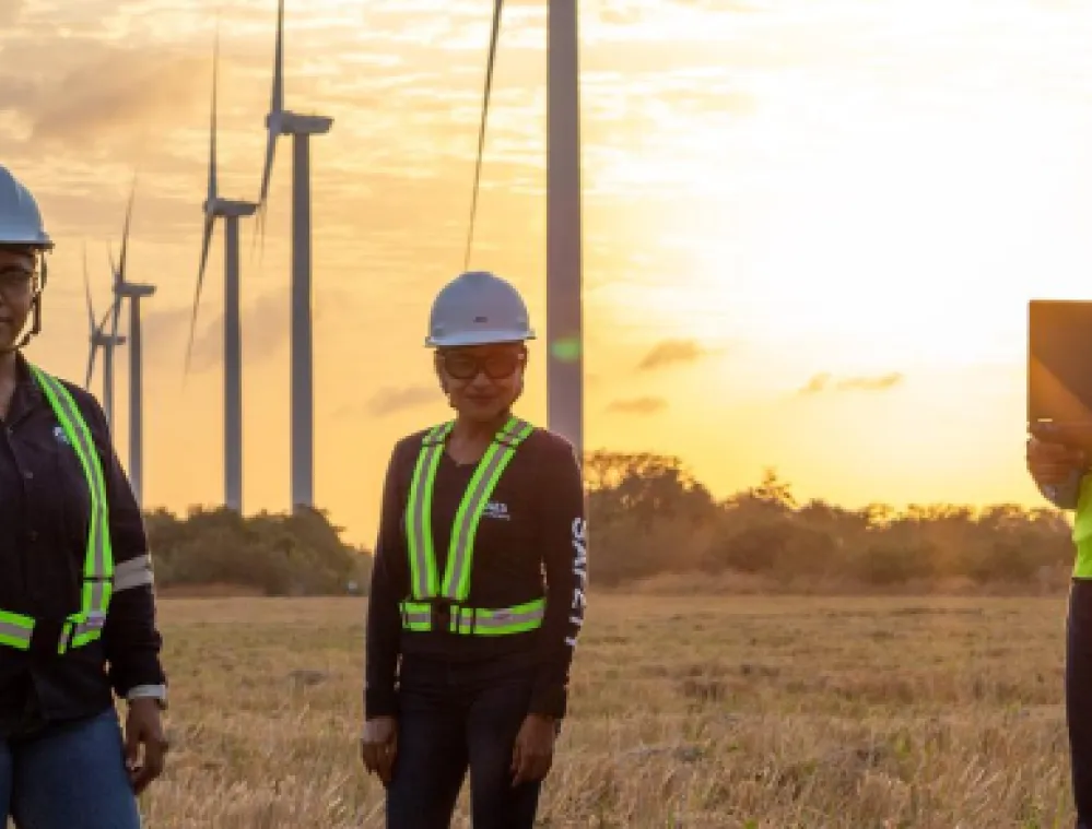 Four workers wearing safety helmets and reflective vests stand in a field with wind turbines in the background during sunset. One person holds a laptop, while others stand with hands by their sides.