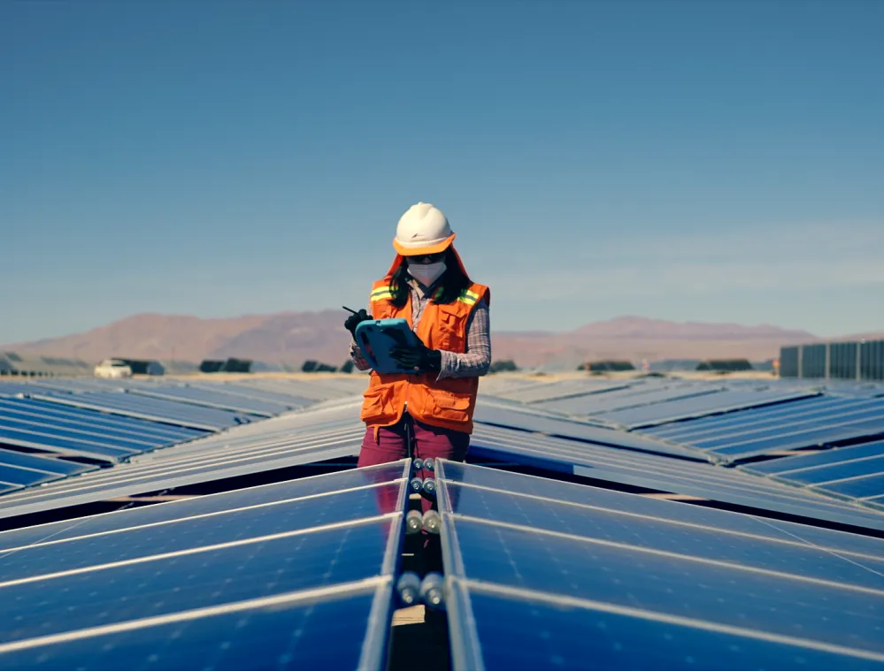 A person wearing an orange safety vest and helmet inspects solar panels with a tablet in a large solar farm under a clear blue sky.