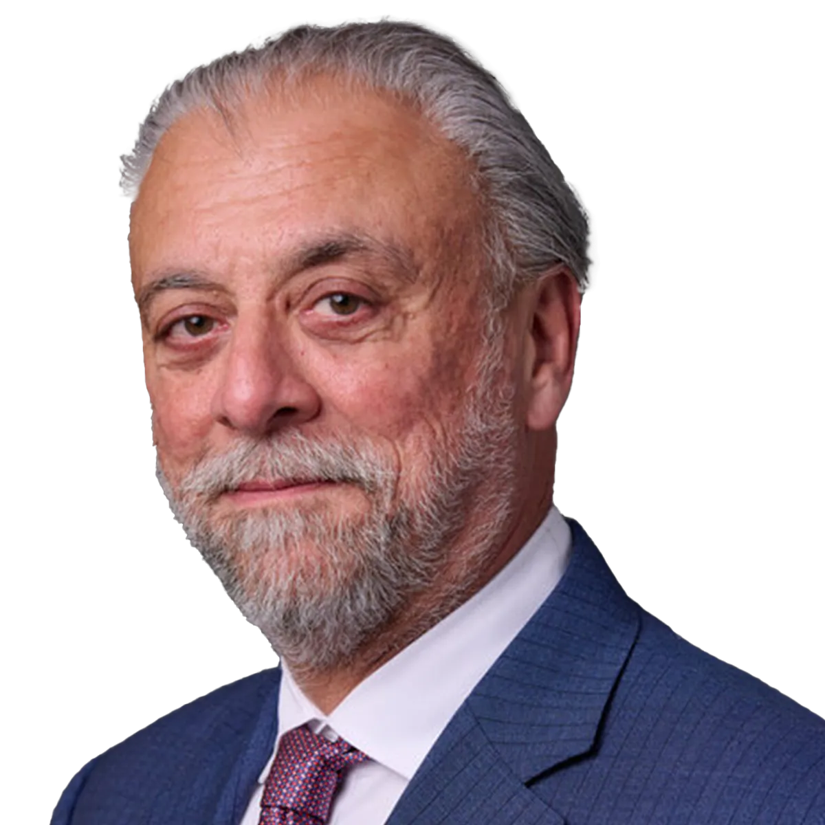 Portrait of an older man with gray hair and beard, wearing a blue suit and red tie, against a gray background.