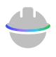 Gray spherical robot with a colorful horizontal stripe across the middle.