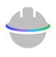 A gray spherical object with a horizontal multicolored stripe in blue, purple, and green across its middle.