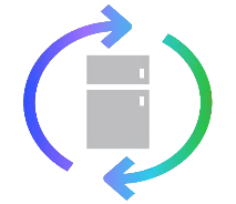Icon of a gray refrigerator with two doors, surrounded by a circular gradient arrow from blue to green, symbolizing recycling or sustainability.