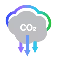 Illustration of a gray cloud with 'CO2' written inside, surrounded by a multicolored outline, with three arrows pointing downward in purple, blue, and cyan.