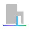 An abstract icon of a gray building with a colorful gradient base.