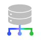 Icon of a gray database with three colored connectors in blue, purple, and green.