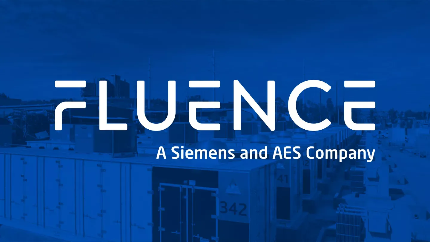 Fluence logo with the tagline 'A Siemens and AES Company' over a blue background featuring industrial equipment.