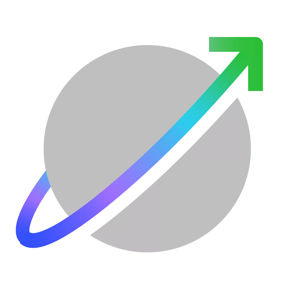 A gray circle with a gradient arrow wrapping around it, transitioning from blue to green, pointing upward.