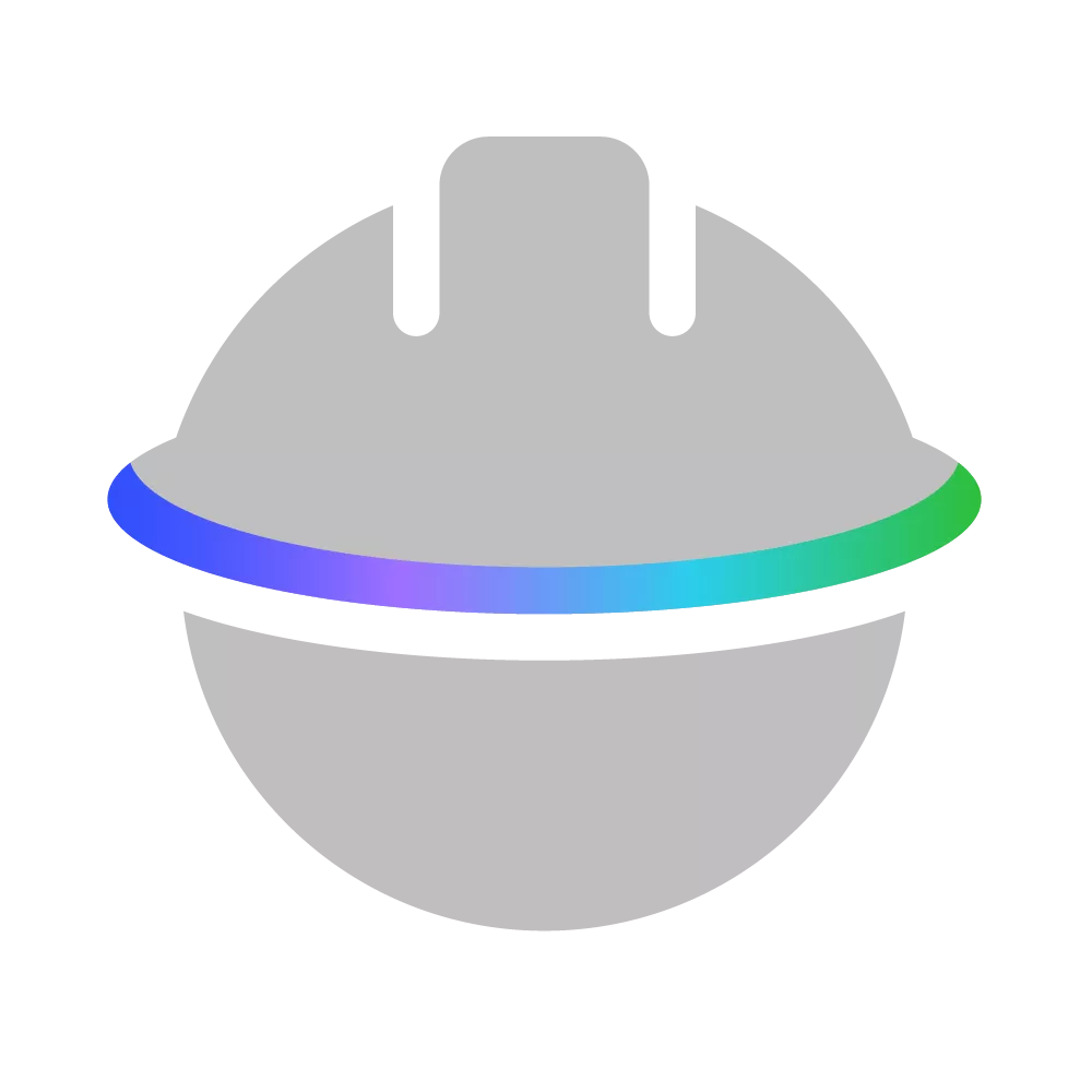 Gray helmet logo with a gradient blue to green band across the middle.