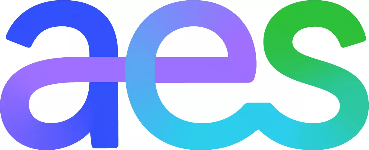 Logo featuring the lowercase letters 'aes' in a gradient color scheme. The 'a' is blue, the 'e' is purple, and the 's' is green, with the letters interconnected by a horizontal purple line.