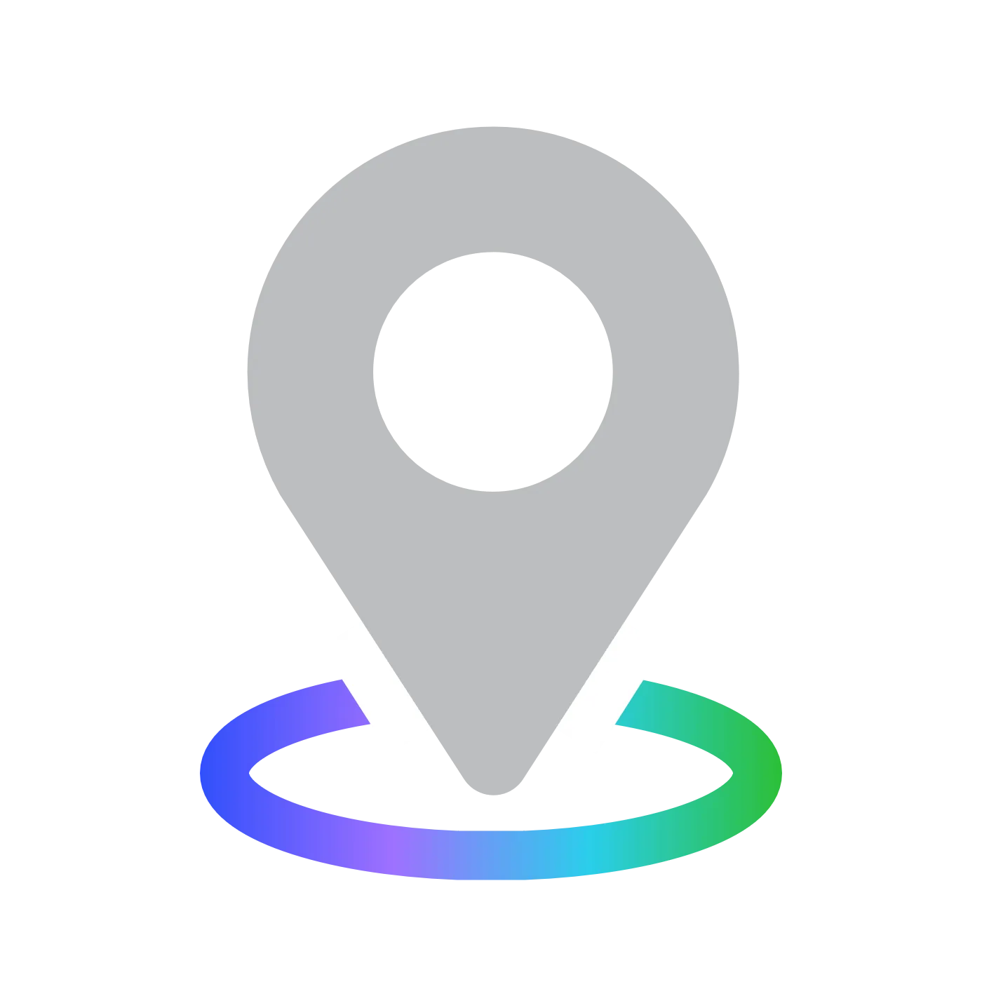 A gray location pin icon with a circular gradient ring in blue, purple, and green on a black background.