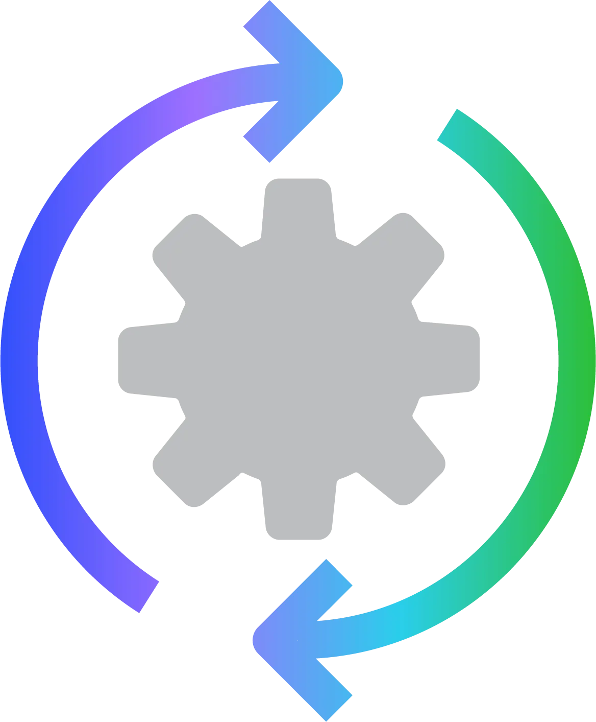 Illustration of a gray gear with two circular arrows, one blue and one green, surrounding it, symbolizing process or automation.