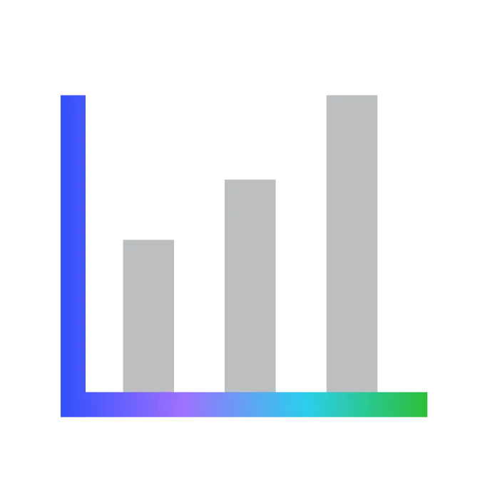A simple bar chart with three vertical bars of varying heights in gray. The chart has a colorful gradient axis ranging from blue to green.