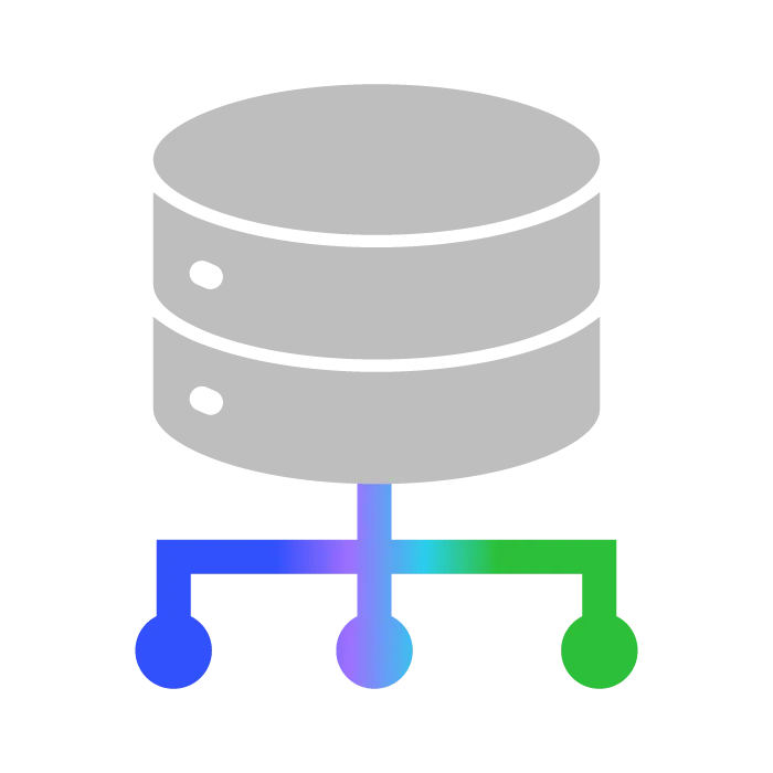 Illustration of a gray database server connected to a network with blue, purple, and green lines.