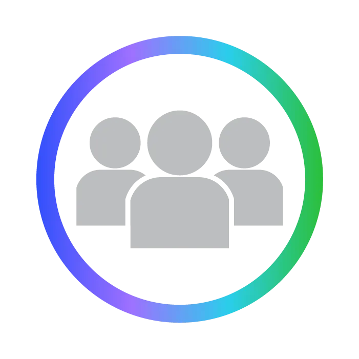 Icon of three gray user figures inside a circular border with a gradient color from blue to green, representing a group or community.