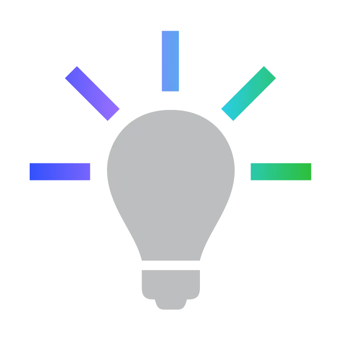 Gray light bulb icon with six colored rays radiating outward, symbolizing an idea or creativity, on a white background.