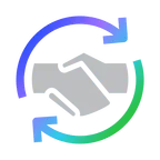 Two hands shaking in agreement, surrounded by a circular arrow with blue and green gradients, symbolizing partnership and continuous collaboration.