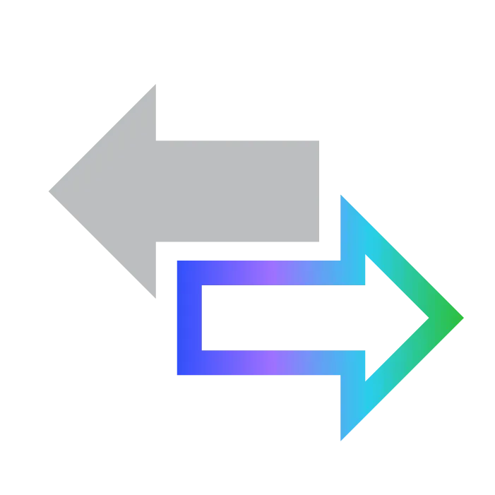 A gray left-pointing arrow next to a colorful gradient right-pointing arrow on a white background. The right arrow transitions from blue to green with a purple center.