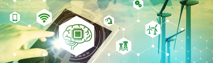 A digital illustration showing a hand interacting with a tablet displaying a brain with a microchip, symbolizing technology integration. Surrounding icons represent connectivity, automation, and renewable energy, with wind turbines in the background.