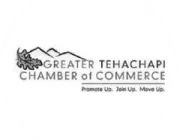 Logo of the Greater Tehachapi Chamber of Commerce featuring stylized mountains and an oak leaf. The text reads: 'Promote Us. Join Up. Move Up.'