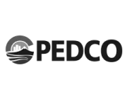 Logo of PEDCO featuring a stylized circular design with a city skyline and a mountain above wavy lines, next to the text 'PEDCO'.
