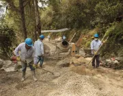 Workers wearing blue helmets and protective gear are constructing a road in a forested area. They are using shovels to move gravel and sand near a cement mixer. Trees and vegetation surround the work site.