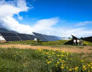 A field of solar panels under a blue sky with scattered clouds. The panels are surrounded by green grass and yellow wildflowers. A mountain is visible in the background.