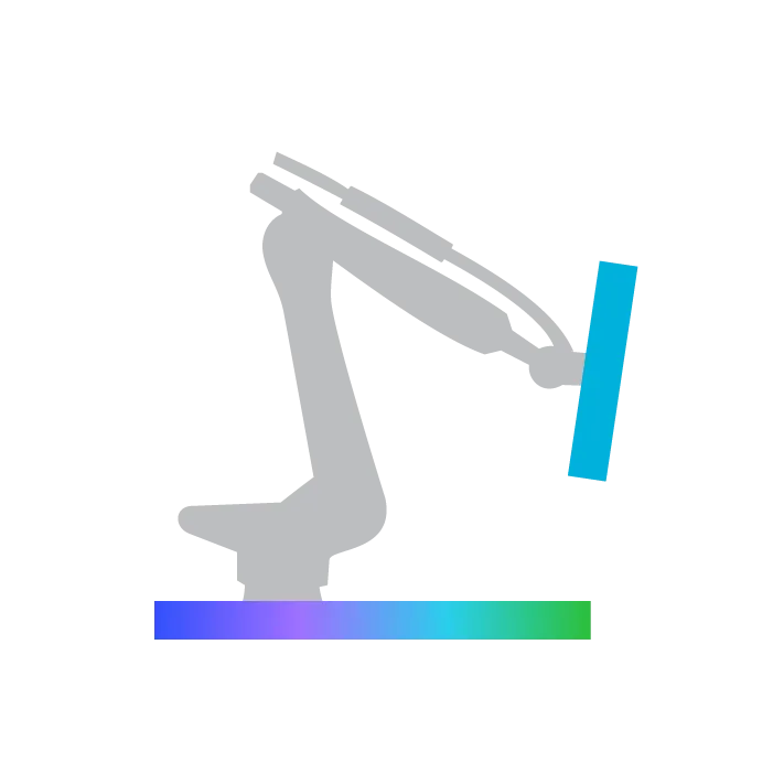 A pixelated gray robotic arm holding a blue object against a black background with a horizontal color gradient bar below.